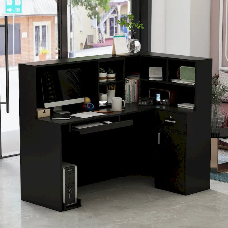 Bureau de réception en bois en L avec tiroir et serrure