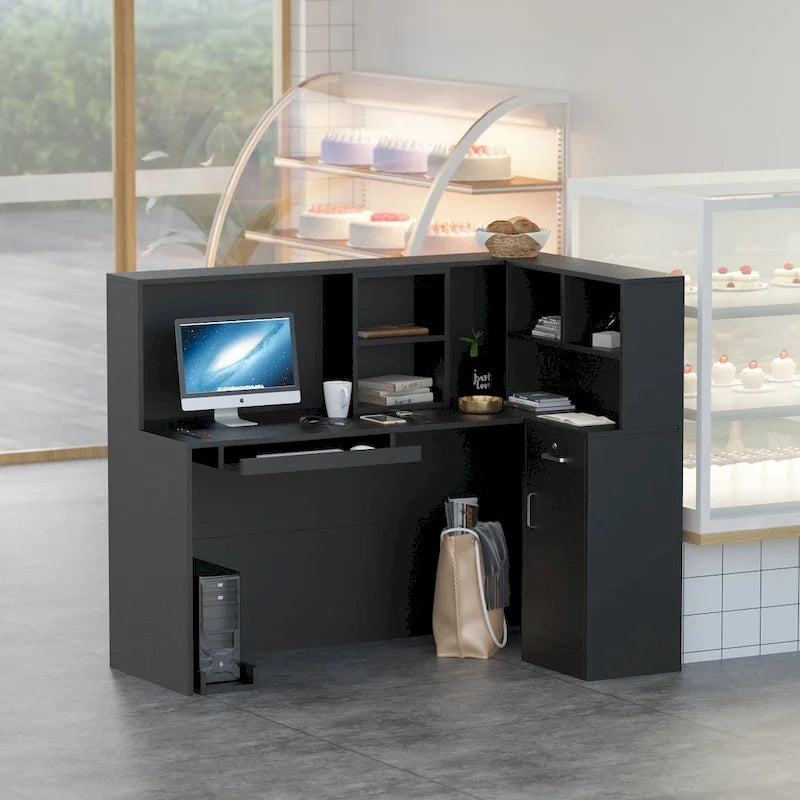 Bureau de réception en bois en L avec tiroir et serrure