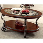 Table basse avec plateau en verre de 122 cm et fer forgé.