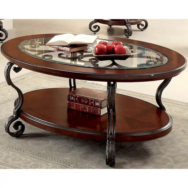 Table basse avec plateau en verre de 122 cm et fer forgé.
