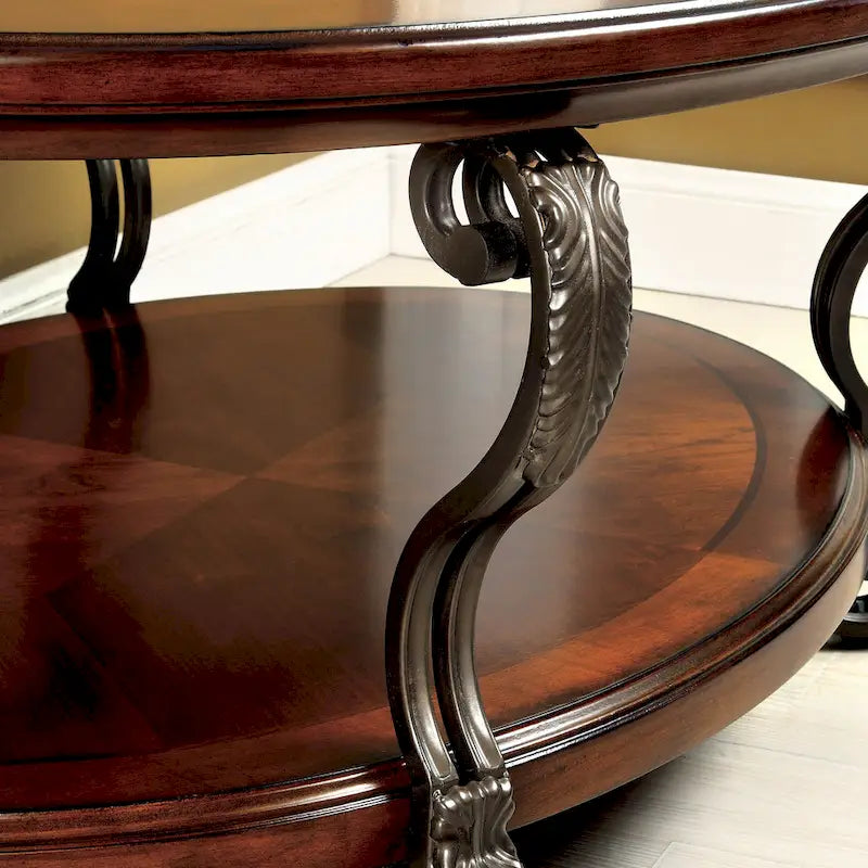 Table basse avec plateau en verre de 122 cm et fer forgé.