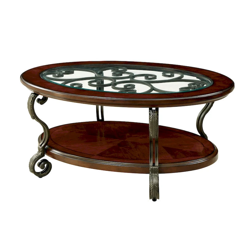 Table basse avec plateau en verre de 122 cm et fer forgé.