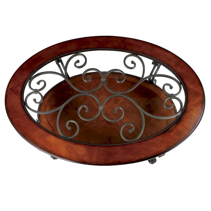 Table basse avec plateau en verre de 122 cm et fer forgé.