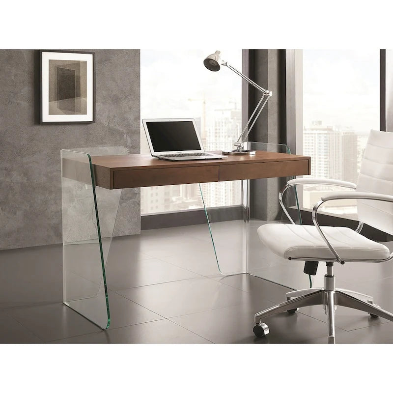 Bureau de travail avec plateau en verre et tiroirs