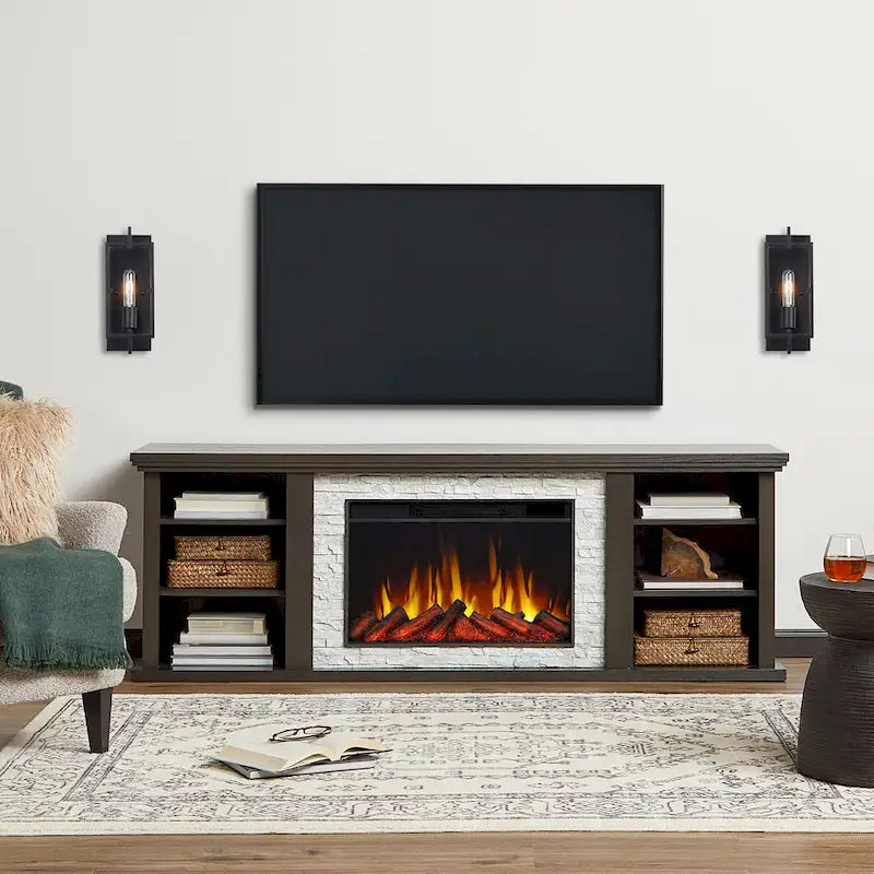 Meuble TV cheminée électrique mince de 72 po en chêne foncé