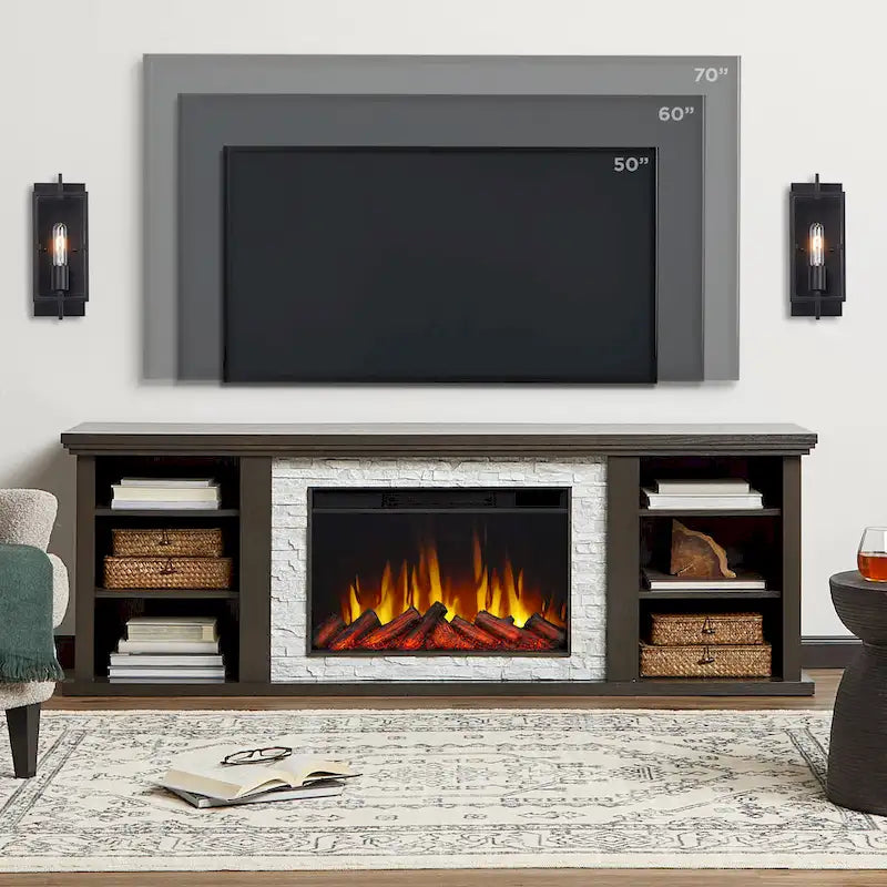 Meuble TV cheminée électrique mince de 72 po en chêne foncé