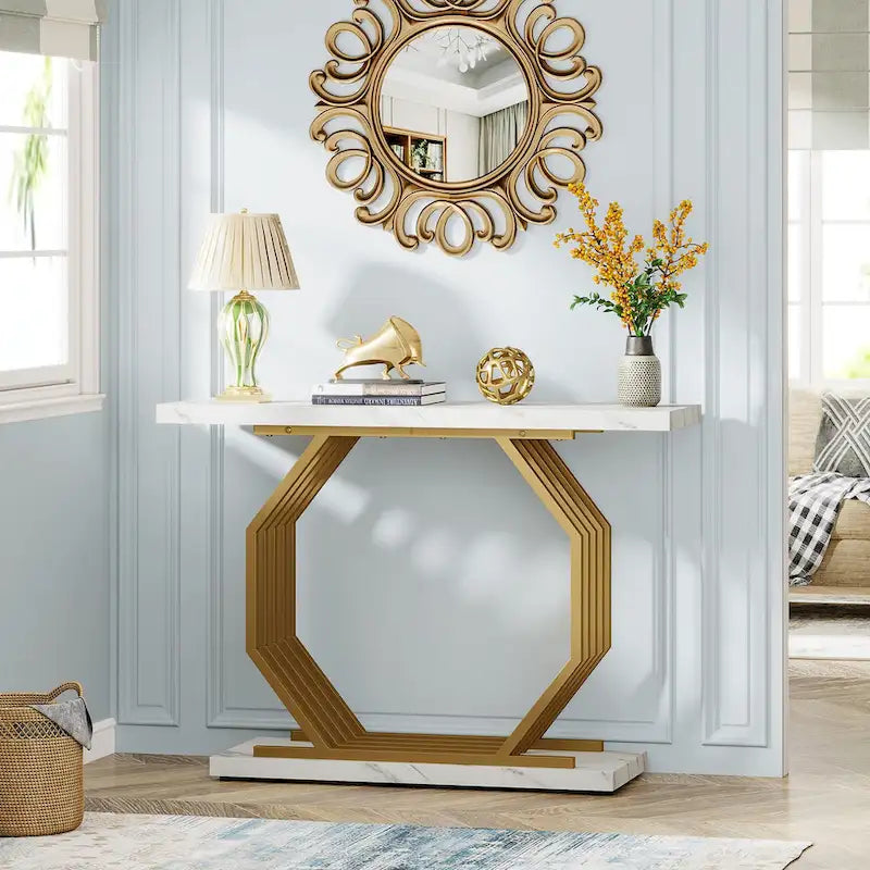 Table console de 101,6 cm avec plateau en faux marbre et base métallique géométrique