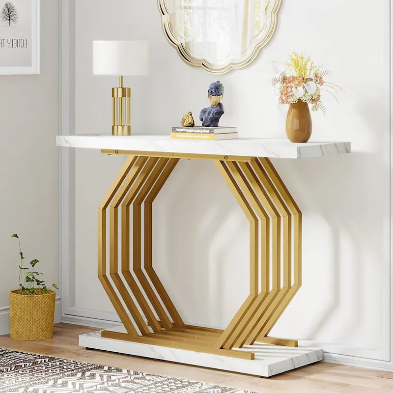 Table console de 101,6 cm avec plateau en faux marbre et base métallique géométrique