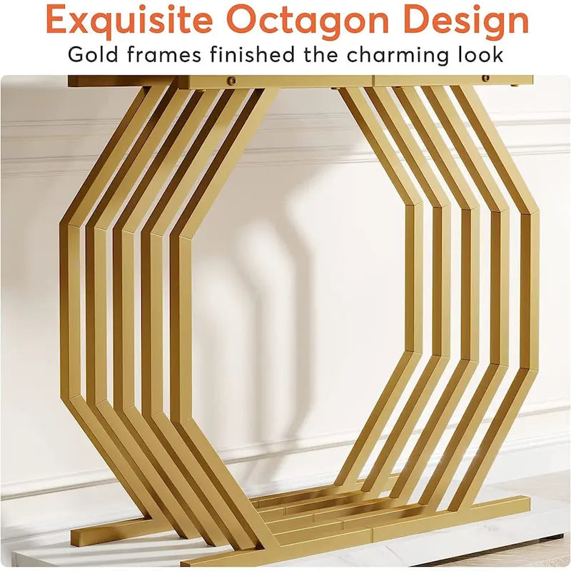 Table console de 101,6 cm avec plateau en faux marbre et base métallique géométrique