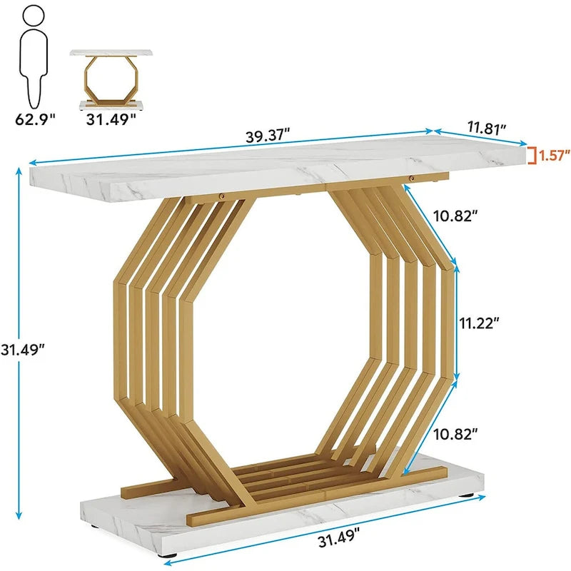 Table console de 101,6 cm avec plateau en faux marbre et base métallique géométrique