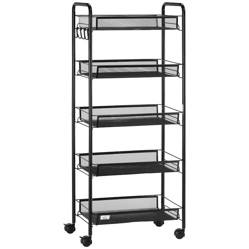 Chariot de rangement roulant à 5 niveaux avec paniers en maille amovibles, noir