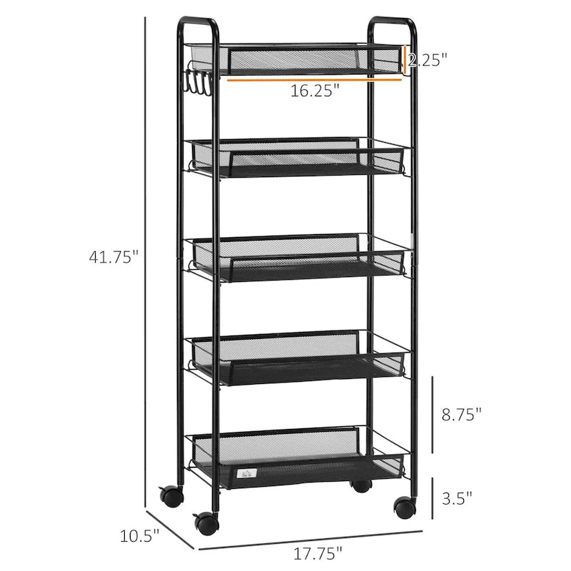 Chariot de rangement roulant à 5 niveaux avec paniers en maille amovibles, noir