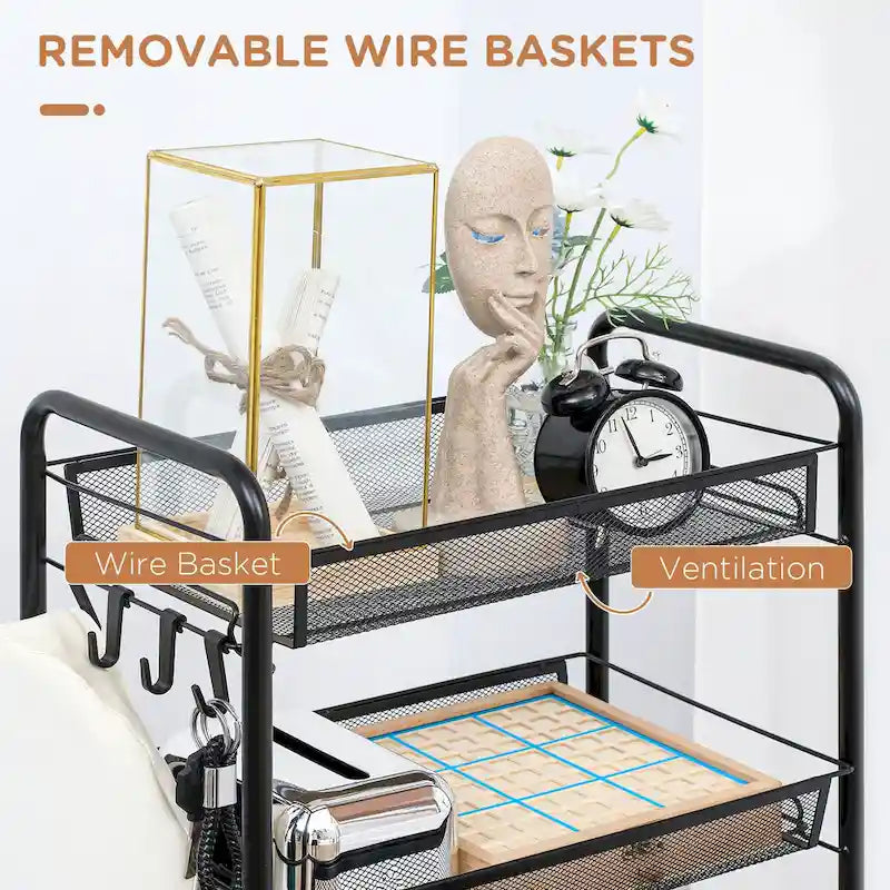 Chariot de rangement roulant à 5 niveaux avec paniers en maille amovibles, noir