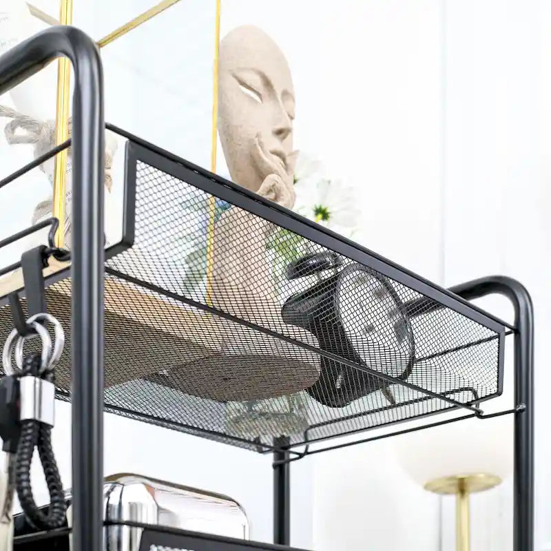 Chariot de rangement roulant à 5 niveaux avec paniers en maille amovibles, noir