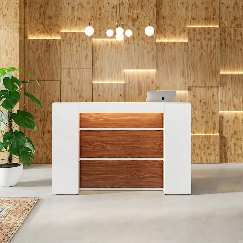 Comptoir d'accueil avec lumières LED et panneaux privés