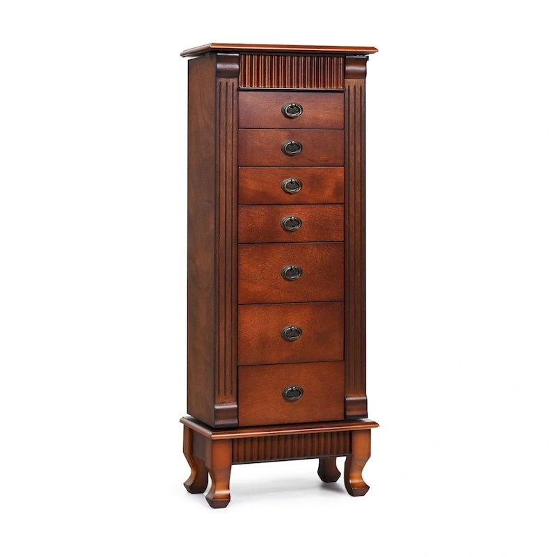 Meuble de rangement à bijoux marron à 7 tiroirs avec miroir et portes latérales - 38,1 cm (L) x 22,86 cm (l) x 97,79 cm (H)