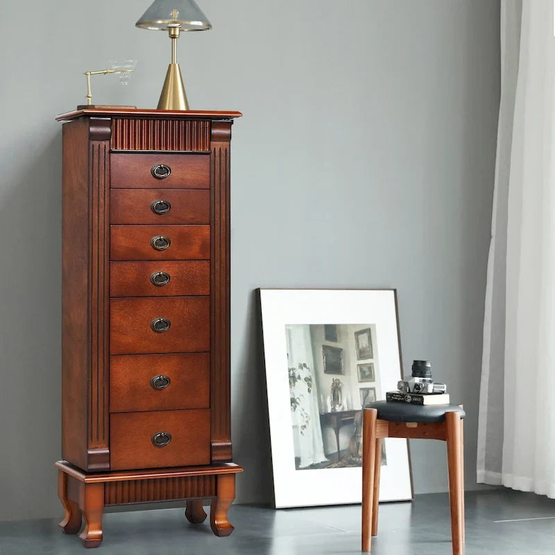 Meuble de rangement à bijoux marron à 7 tiroirs avec miroir et portes latérales - 38,1 cm (L) x 22,86 cm (l) x 97,79 cm (H)