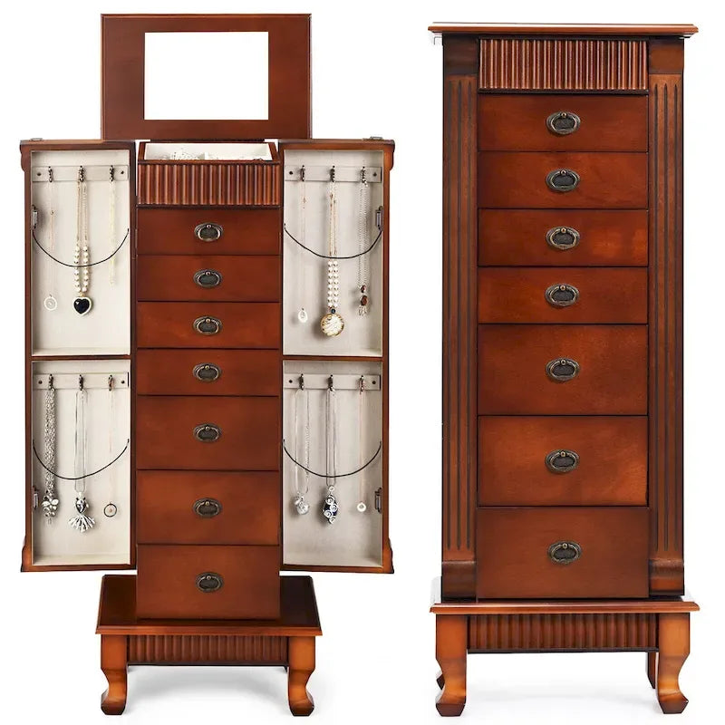 Meuble de rangement à bijoux marron à 7 tiroirs avec miroir et portes latérales - 38,1 cm (L) x 22,86 cm (l) x 97,79 cm (H)