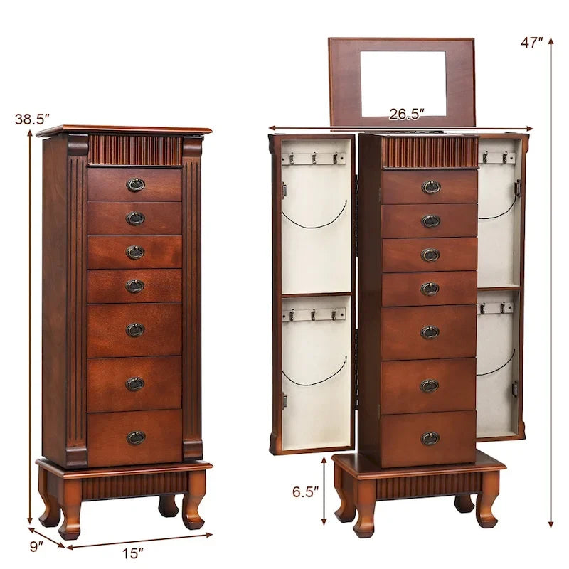 Meuble de rangement à bijoux marron à 7 tiroirs avec miroir et portes latérales - 38,1 cm (L) x 22,86 cm (l) x 97,79 cm (H)
