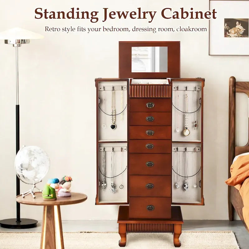 Meuble de rangement à bijoux marron à 7 tiroirs avec miroir et portes latérales - 38,1 cm (L) x 22,86 cm (l) x 97,79 cm (H)
