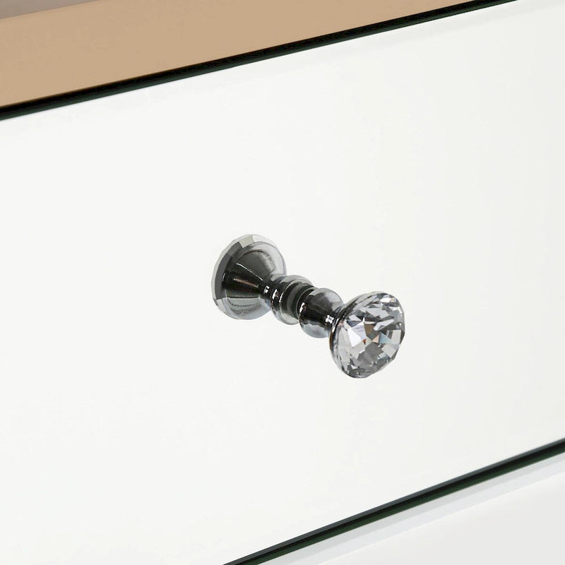 Table de chevet à 3 tiroirs effet miroir avec cadre en métal et poignées en cristal