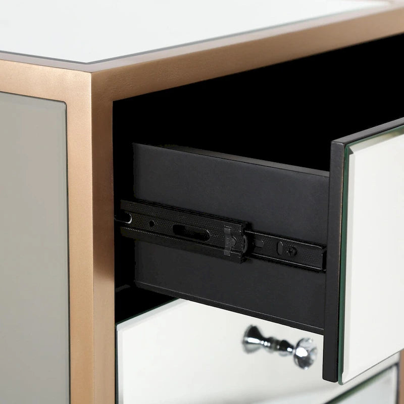 Table de chevet à 3 tiroirs effet miroir avec cadre en métal et poignées en cristal