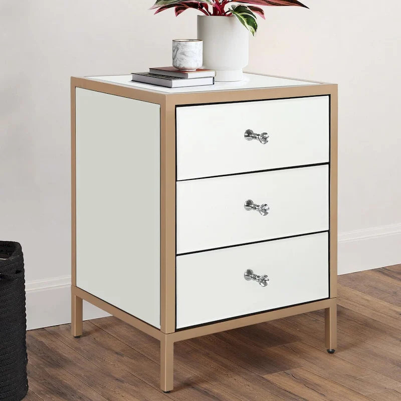 Table de chevet à 3 tiroirs effet miroir avec cadre en métal et poignées en cristal