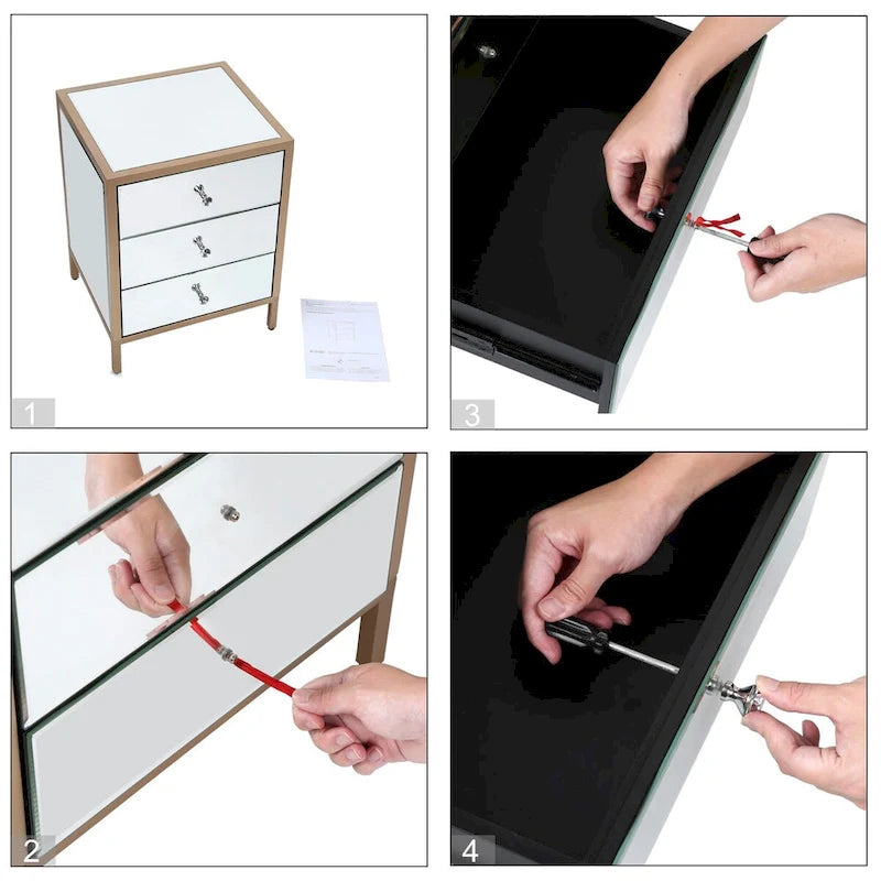 Table de chevet à 3 tiroirs effet miroir avec cadre en métal et poignées en cristal