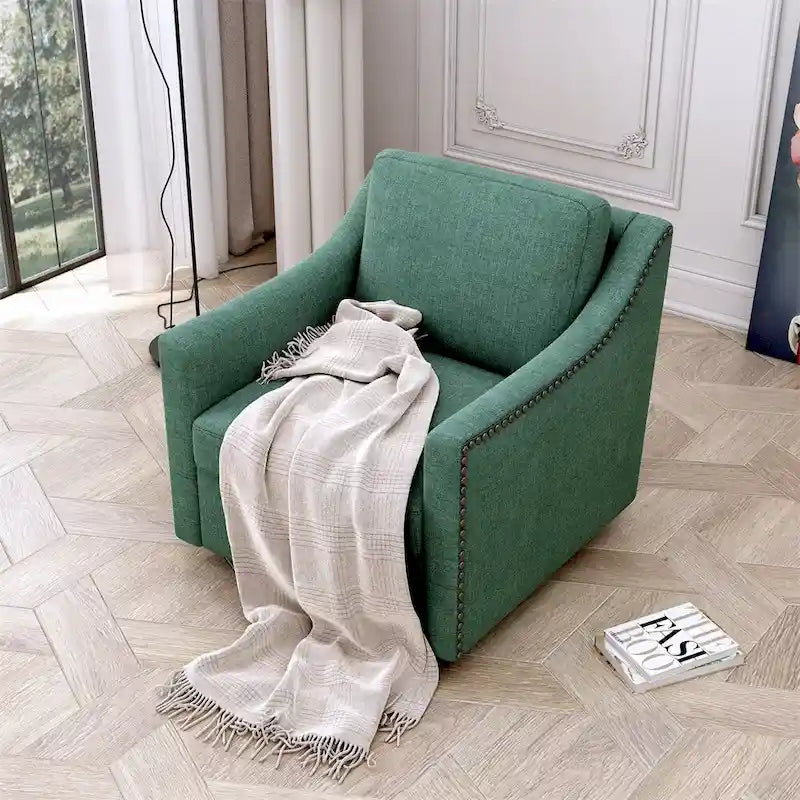 Fauteuil d'appoint en velours avec base pivotante et pieds en bois