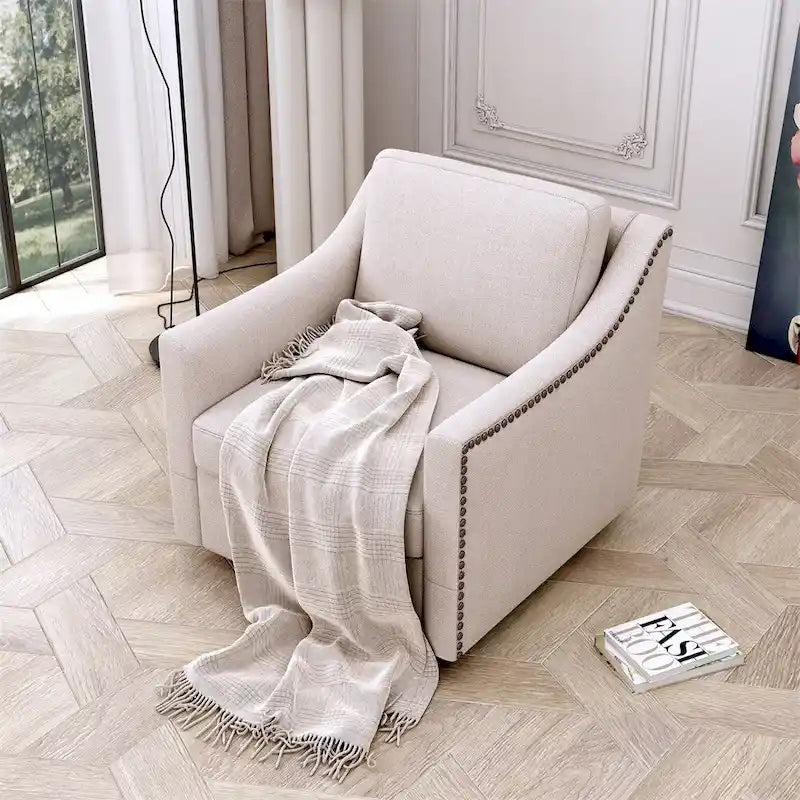 Fauteuil d'appoint en velours avec base pivotante et pieds en bois
