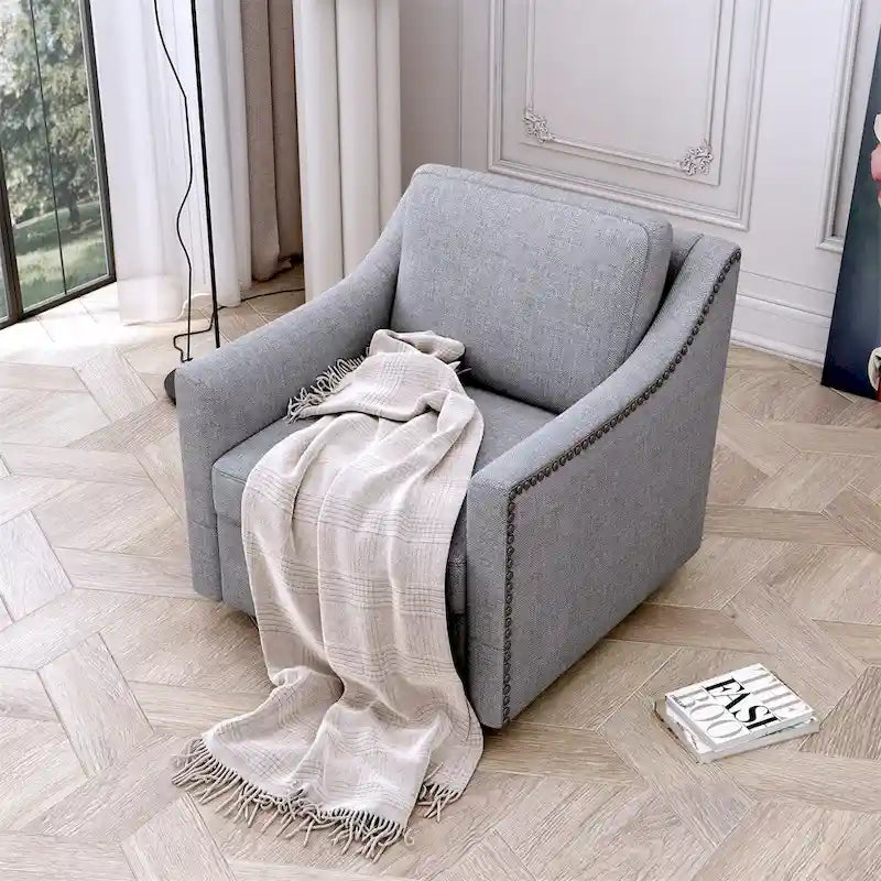Fauteuil d'appoint en velours avec base pivotante et pieds en bois