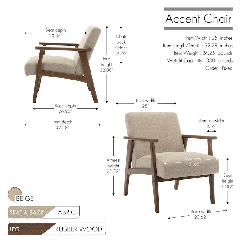 Fauteuil d'appoint en tissu avec pieds en bois d'hévéa