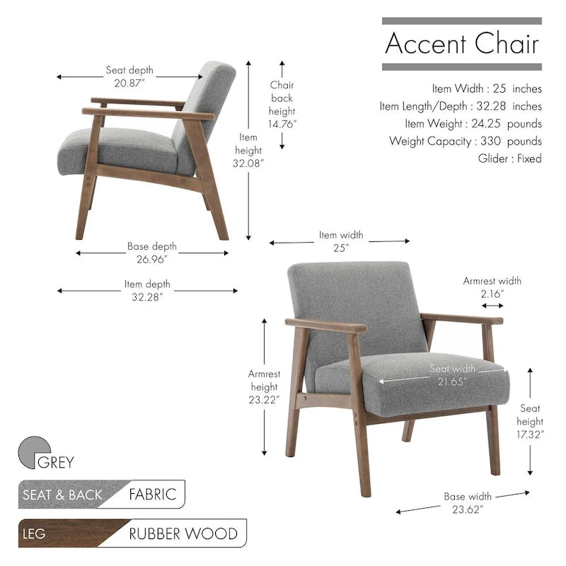 Fauteuil d'appoint en tissu avec pieds en bois d'hévéa
