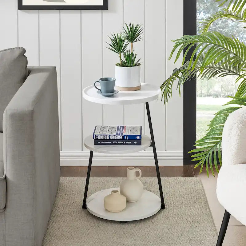 Table d'appoint ronde à 3 niveaux avec rebord surélevé et pieds en métal asymétriques