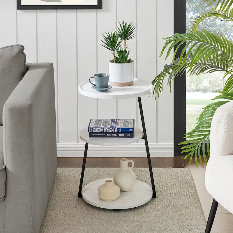 Table d'appoint ronde à 3 niveaux avec rebord surélevé et pieds en métal asymétriques