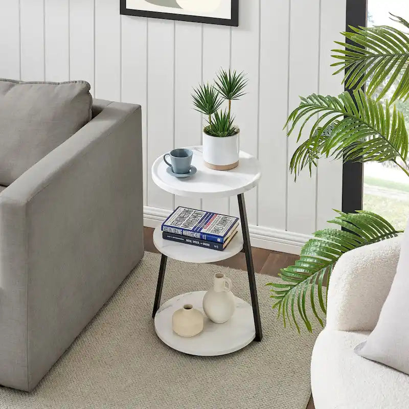 Table d'appoint ronde à 3 niveaux avec rebord surélevé et pieds en métal asymétriques