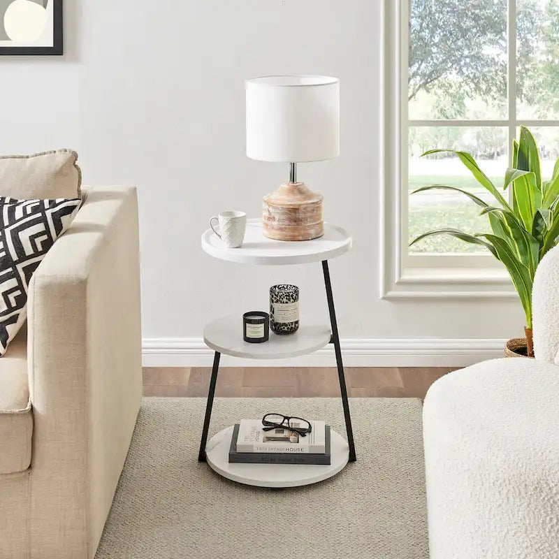 Table d'appoint ronde à 3 niveaux avec rebord surélevé et pieds en métal asymétriques
