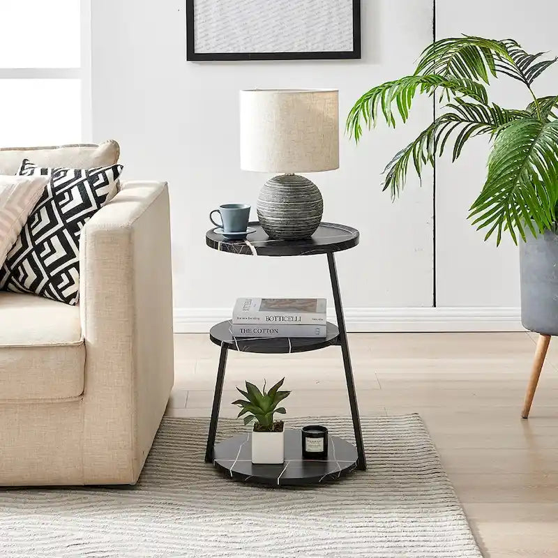 Table d'appoint ronde à 3 niveaux avec rebord surélevé et pieds en métal asymétriques