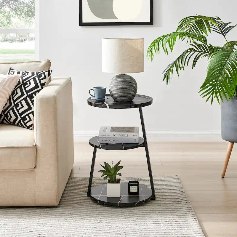 Table d'appoint ronde à 3 niveaux avec rebord surélevé et pieds en métal asymétriques