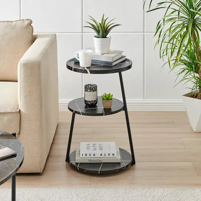 Table d'appoint ronde à 3 niveaux avec rebord surélevé et pieds en métal asymétriques