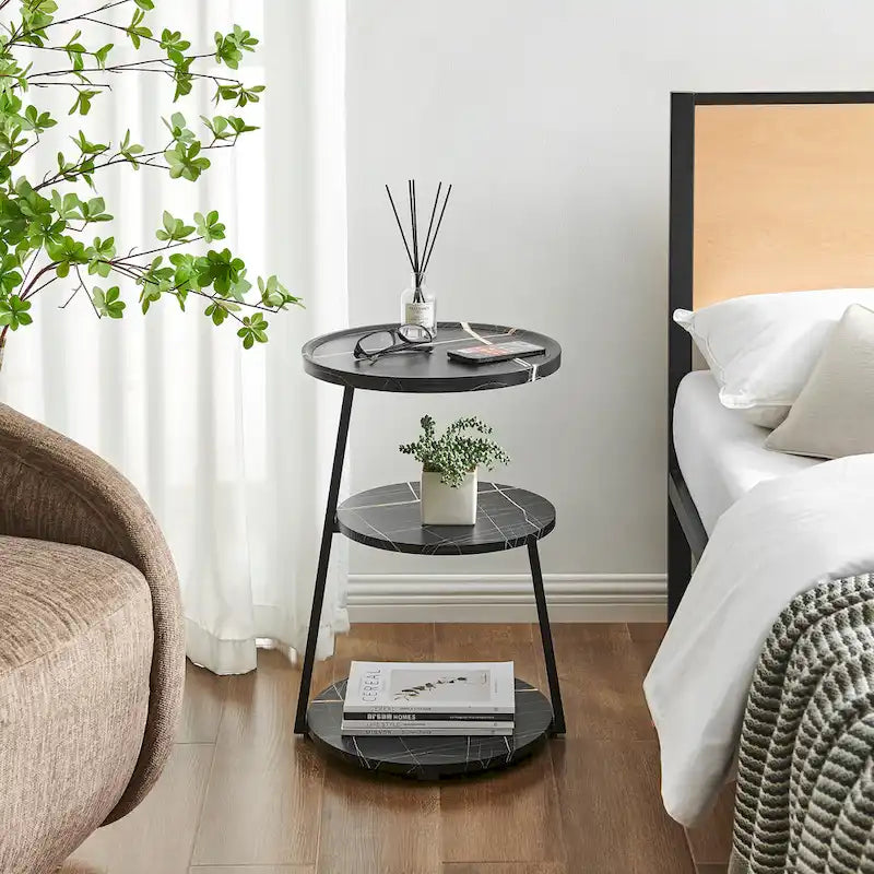 Table d'appoint ronde à 3 niveaux avec rebord surélevé et pieds en métal asymétriques
