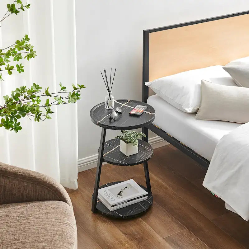 Table d'appoint ronde à 3 niveaux avec rebord surélevé et pieds en métal asymétriques