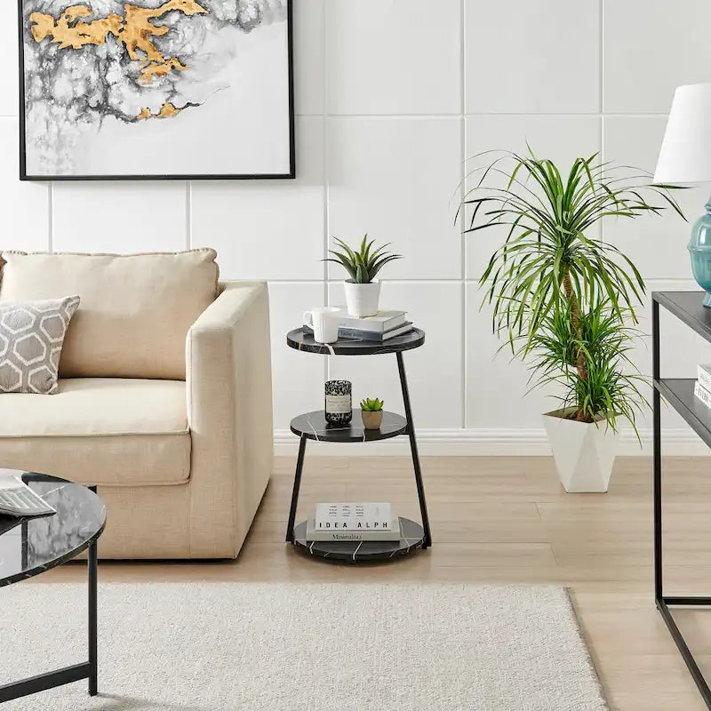 Table d'appoint ronde à 3 niveaux avec rebord surélevé et pieds en métal asymétriques
