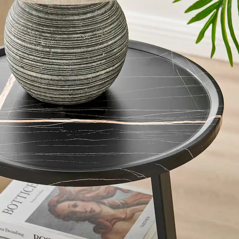 Table d'appoint ronde à 3 niveaux avec rebord surélevé et pieds en métal asymétriques