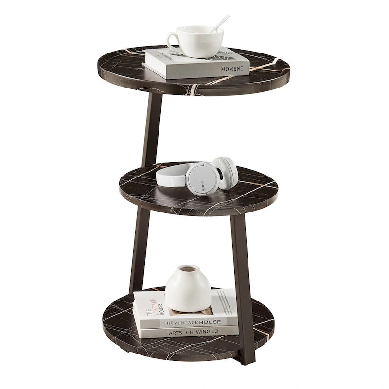 Table d'appoint ronde à 3 niveaux avec rebord surélevé et pieds en métal asymétriques