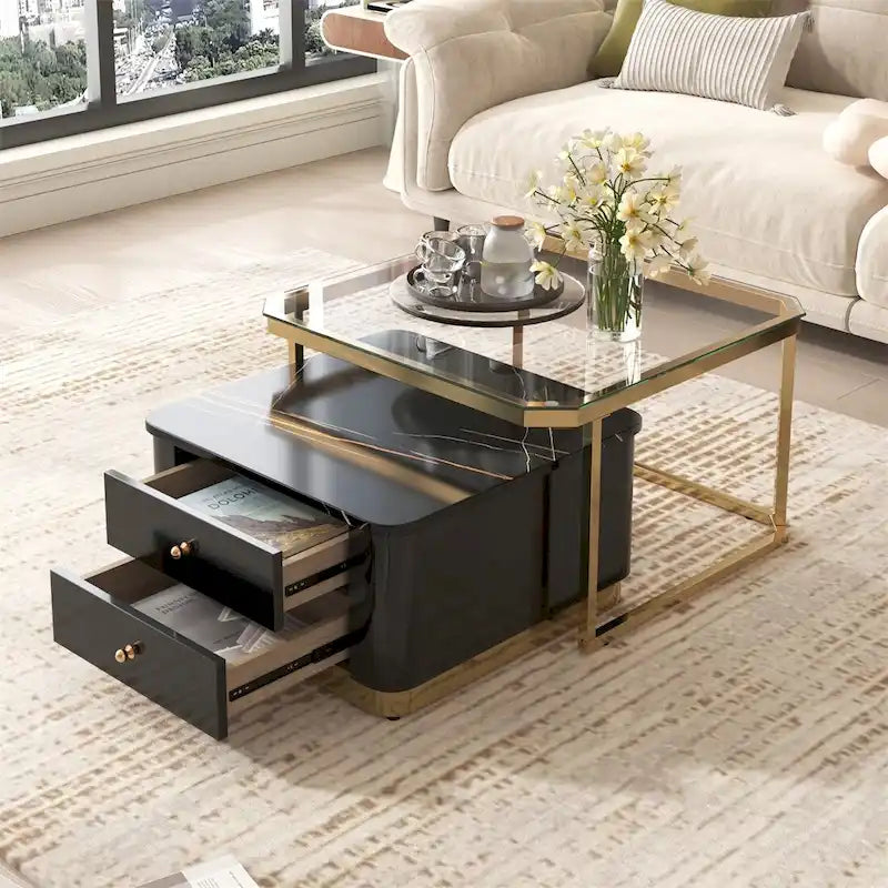 Ensemble de 2 tables basses gigognes avec tiroirs et pieds dorés