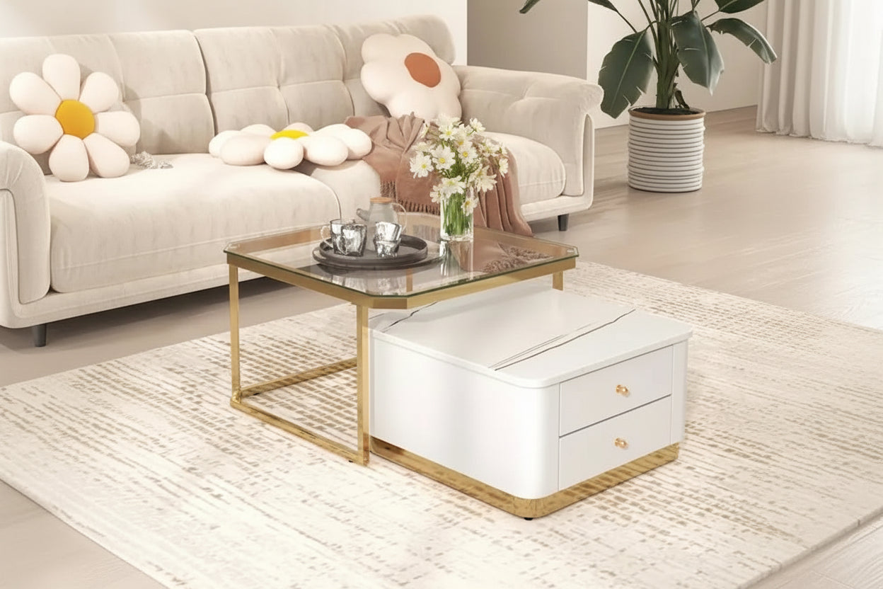 2 Pieces Nesting Coffee Table w/ Drawers & Electroplated Gold Legs
