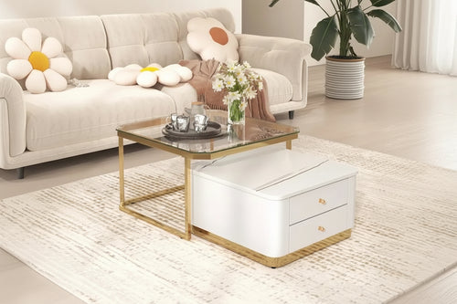2 Pieces Nesting Coffee Table w/ Drawers & Electroplated Gold Legs