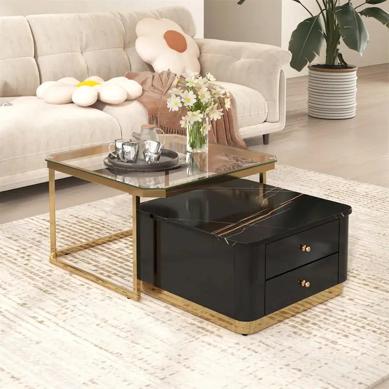 Ensemble de 2 tables basses gigognes avec tiroirs et pieds dorés