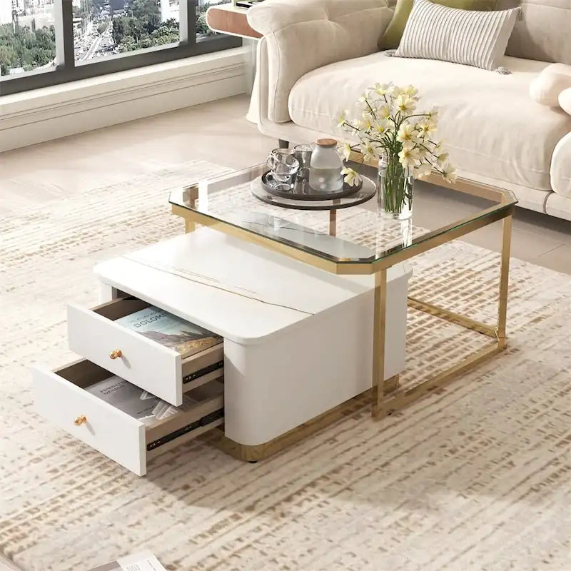 Ensemble de 2 tables basses gigognes avec tiroirs et pieds dorés